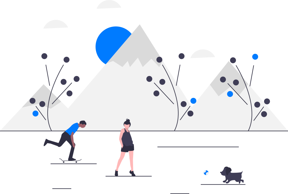 People enjoying a mountain park with a skateboard and a dog